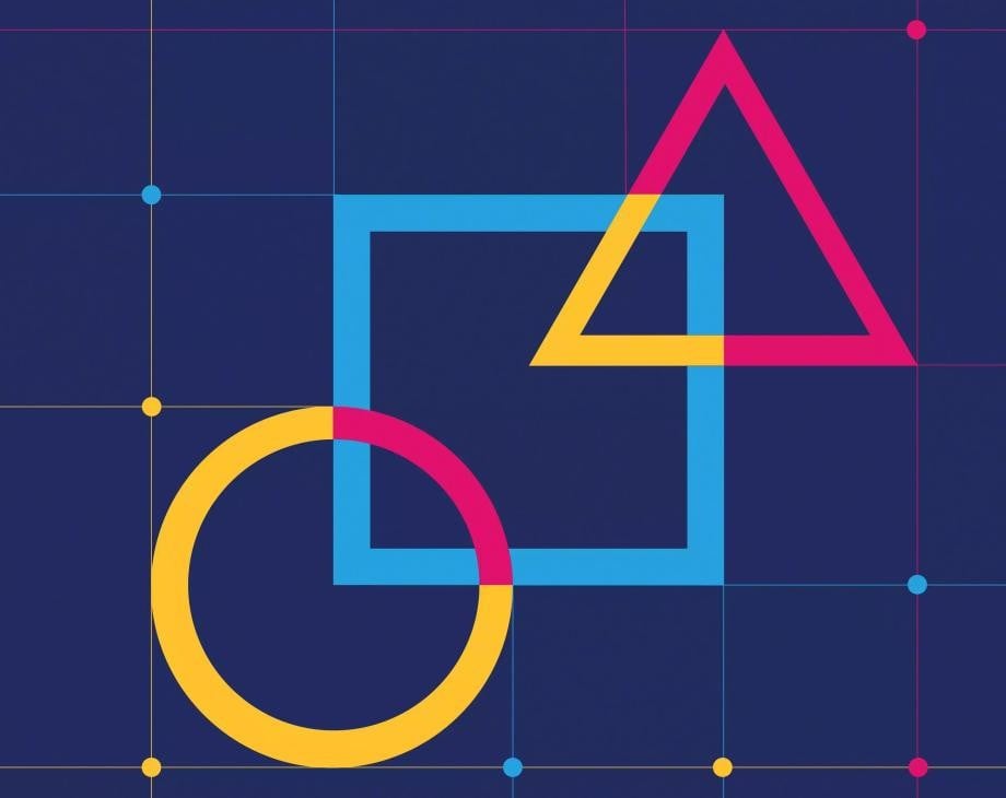 Centered on a blue background, overlapping outlines of a yellow circle, blue circle, and pink triangle